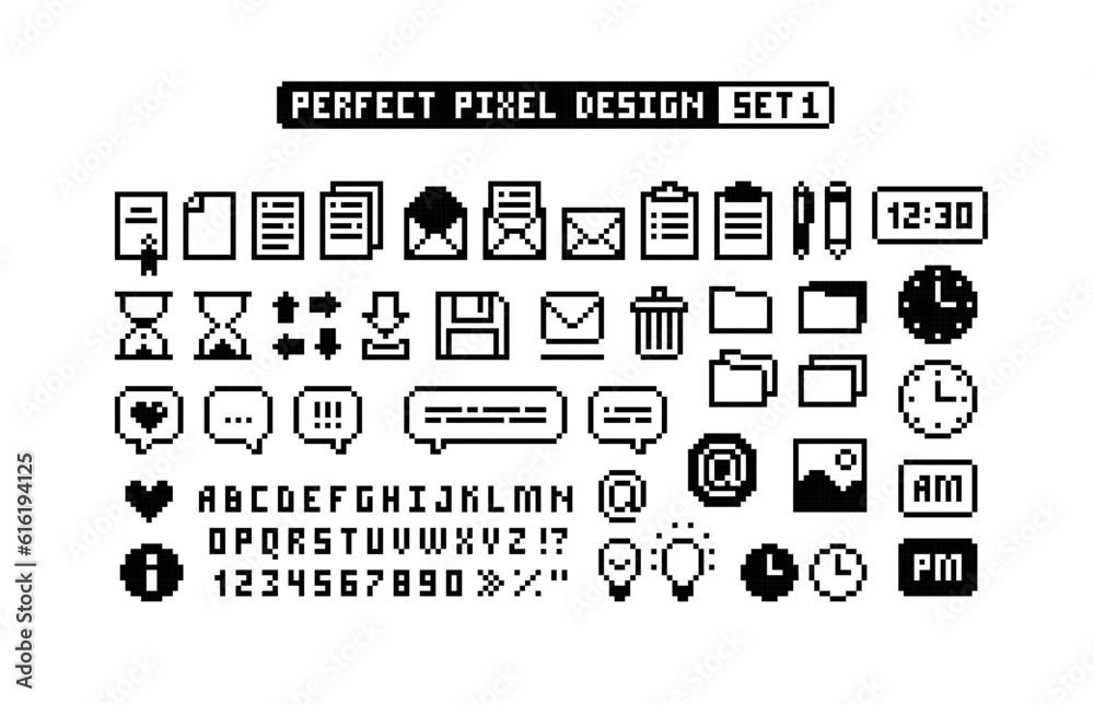 Poster 8-bit Game pixel graphics icons Set 1. Perfect pixel icons of, dialog bubbles, pixel font. Office organizer icons set of folder, document, task, letter envelope. Retro Game art. Isolated vector