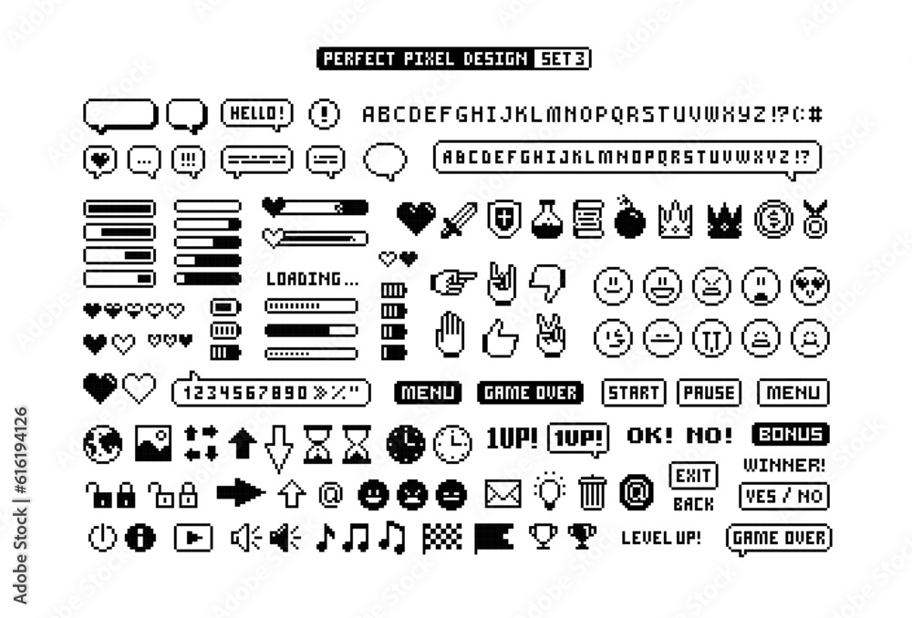Fototapete 8-bit game pixel graphics icons set 3. perfect pixel icons of game props, download bar, office icons