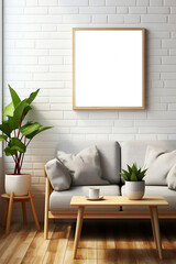 3d rendered photo of blank poster and wooden frame with grey couch in the living room, in the style of eco-friendly craftsmanship, ceramic, everyday life, detailed foliage, architectural vignettes