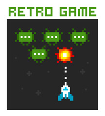 Geek Poster Space Arcade in 8-bit retro video game style. Simple 8-bit pixel graphics scene of spaceship shoots at the green aliens. Vector illustration
