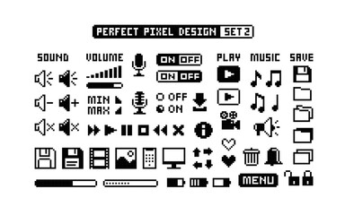8-bit Game pixel graphics icons Set 2. Perfect pixel icons of, media player buttons, computer icons, music notes, sound volume, scale, media. Retro Game art. Isolated vector