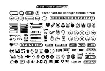 8-bit Game pixel graphics icons Set 3. Perfect pixel icons of game props, download bar, office icons, gestures and cursors. Retro Game loot and awards pixel art. Isolated vector