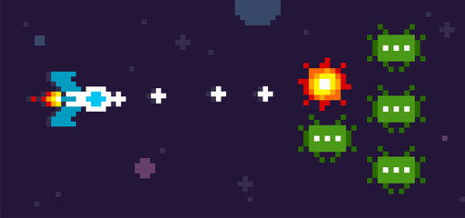 Screen of space arcade in 8-bit retro video game style UFO Monsters vs Spaceship vector illustration © VRTX