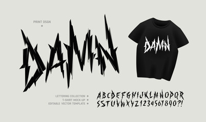 Y2k Damn Dark Lettering tattoo type font for tee print design. Trendy type font concept for Gothic Punk Rock and Death Rock print design. Rock style print design with t-shirt vector mockup