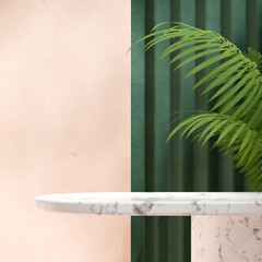 green wall and araceae palm, 3d image render blank mockup white marble table podium in square