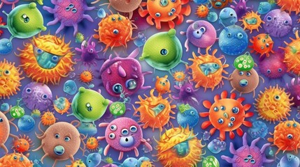 Cartoon viruses pattern for printing on fabric, paper, medical accessories. Medical print viruses. Funny viruses and bacteria printable vector pattern. Generative ai.