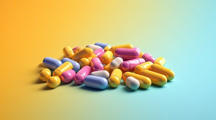 Multicolored pills isolated. Medicines, drugs for the treatment of patients. Pills baner vector illustration. Vitamins and drugs in bright capsules. Generative ai