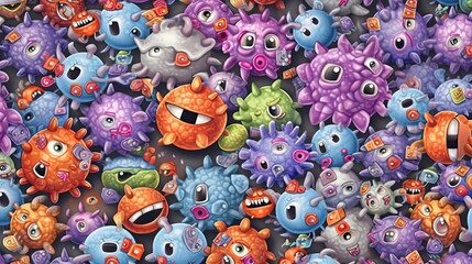 Cartoon viruses pattern for printing on fabric, paper, medical accessories. Medical print viruses. Funny viruses and bacteria printable vector pattern. Generative ai.