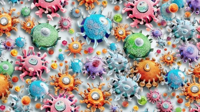 Cartoon viruses pattern for printing on fabric, paper, medical accessories. Medical print viruses. Funny viruses and bacteria printable vector pattern. Generative ai.
