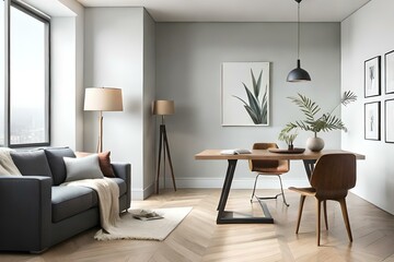 Generate an image of a contemporary living room with an open concept design, featuring a blend of earthy and neutral color tones.