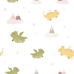 Childish seamless pattern with cute dragons and cloudy mountains