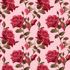 Red rose on bright pink background seamaless pattern. Generative AI