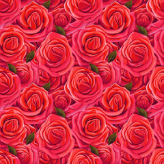 Red rose on bright pink background semaless pattern. Generative AI 2