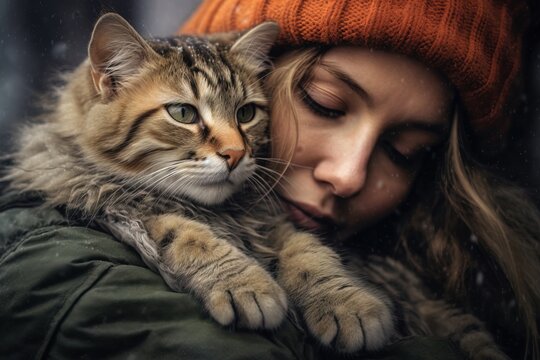 Female is holding and petting and kissing cute cat. Pet love concept. Generative ai image.
