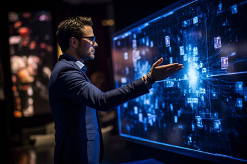 a presenter using holographic projection to display slides, images, and data during a presentation Generative AI