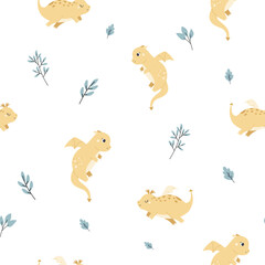 Childish seamless pattern with cute dragons and botanical elements