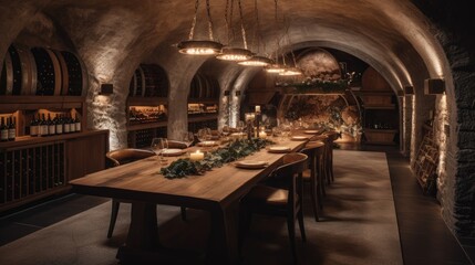 The main dining area of this remarkable vineyard, where modernity meets masculinity, creating a truly elegant ambiance. Generative AI