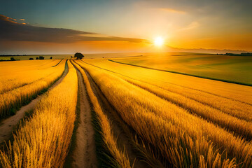 wheat field at sunset, neatly arranged agricultural crops, golden light of ripe wheat