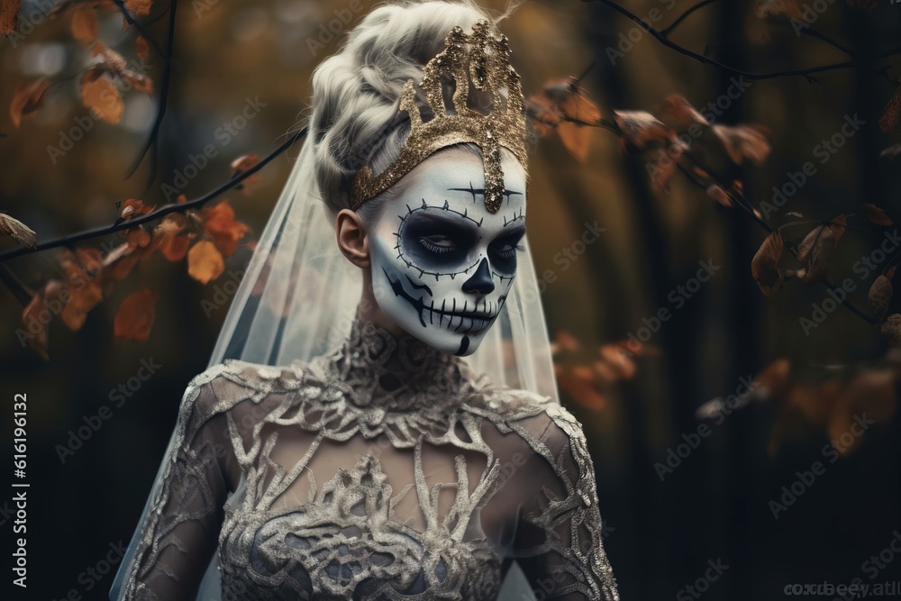Wall mural death bride. woman in halloween costume in forest - Wall murals