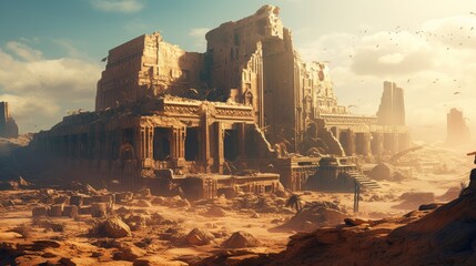 Ancient city buried deep within a desert or underwater realm. Depict its crumbling architecture, intricate statues, and the sense of wonder and mystery that surrounds this forgotten civilization