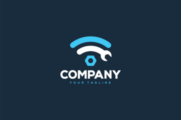 Creative logo design designated to construction company or workshop. This logo design depicts a wifi signal with a wrench in the center.
