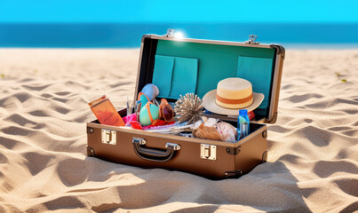 Fototapeta na wymiar Creative summer beach composition in suitcase on blue background. travel concept idea