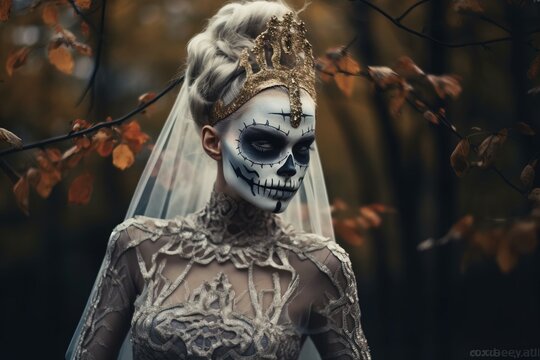 Death bride. Woman in halloween costume in forest