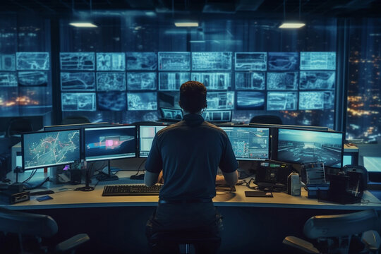 Military Surveillance Officer Working on a City Tracking Operation in a Central Office Hub for Cyber Control and Monitoring for Managing National Security. Created with Generative AI technology