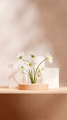 white daisy flower and rough block, rendering 3d blank space brown cylinder podium in portrait