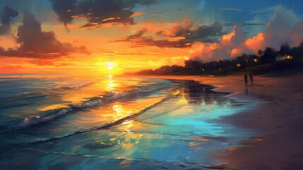 At sunset on a beach, turquoise sea and golden beach. While people are enjoying the sea, the colors and reflections of the sunset add a different beauty to the landscape. Created with Generative AI.