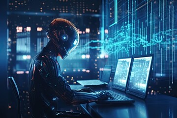 Futuristic robot typing and learning with laptop, chat bot. Generative AI