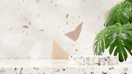 in landscape green monstera leaf and terrazzo wall, 3d rendering empty scene white marble podium