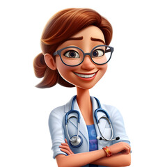 3d cartoon character cute smiling doctor woman, medical specialist Medicine concept. 3d icon people character illustration. Cartoon minimal style on isolated transparent background png. Generative AI 