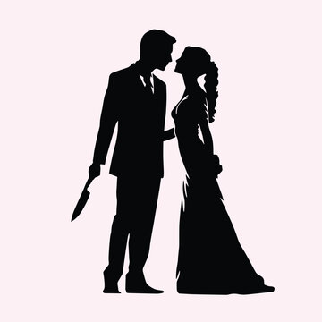 recommend clip art: Bride and groom couple silhouettes. Woman in wedding dress, man holding knife behind his back, treacherous deal or betrayal metaphor