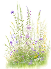 Naklejka premium Watercolor of grass with wildflowers on transparent background,generative ai