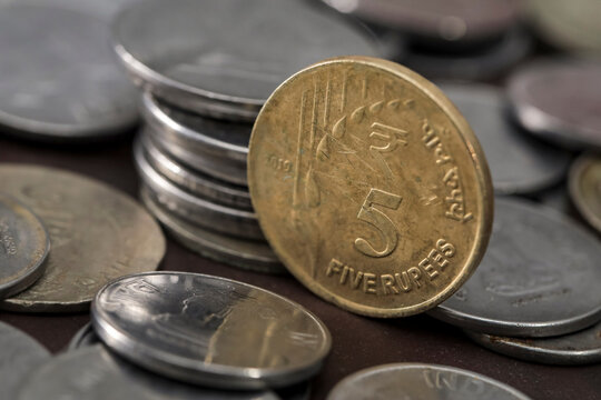 indian 5 rs coin closeup with blur background