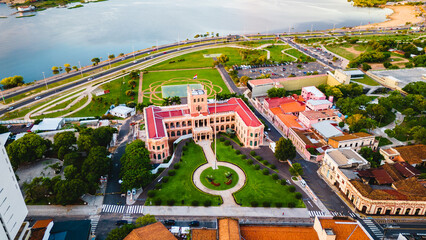 Presidential Palace of the Lopez in Asuncion Paraguay Aerial Drone View Above Neighborhood and...