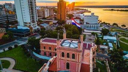 Presidential Palace of the Lopez in Asuncion Paraguay Aerial Drone View Above Neighborhood and Government Building at Daylight - obrazy, fototapety, plakaty