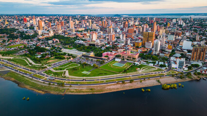 Aerial Drone Fly Above Asuncion City Waterfront in Paraguay, Daylight Cityscape Panorama of South American River - obrazy, fototapety, plakaty