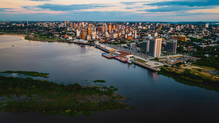 Aerial Drone Fly Above Asuncion City Waterfront in Paraguay, Daylight Cityscape Panorama of South American River - obrazy, fototapety, plakaty
