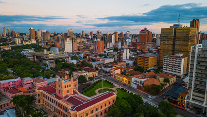 Aerial Panoramic View of Asuncion Paraguay City, Cityscape and Sunset Skyline in Paraguayan Capital,  - obrazy, fototapety, plakaty