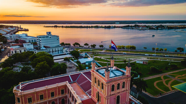Presidential Palace of the Lopez in Asuncion Paraguay Aerial Drone View Above Neighborhood and Government Building at Daylight