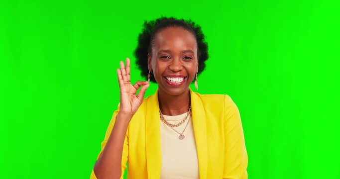 Hand, perfect and black woman face in green screen studio for success or agreement, vote or feedback on mockup background. Portrait, ok and African lady person with support, thank you or review emoji