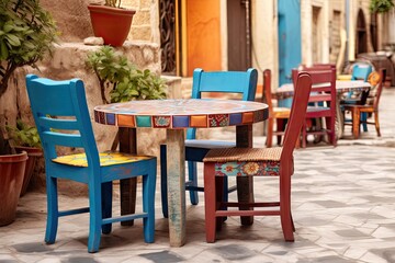 Fototapeta na wymiar tables and chairs on the patio or sidewalk Generative AI