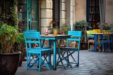 Fototapeta na wymiar tables and chairs on the patio or sidewalk Generative AI