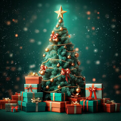 Christmas tree with decorations and gift boxes , holiday background , merry Christmas and happy new year, Ai generated art illustration.