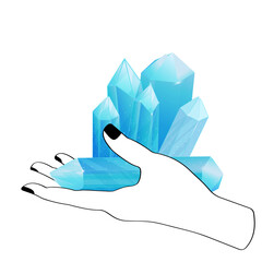 Celestial Mystical Line Hands with Blue Gradient Quartz Crystal. Esoteric Symbols
