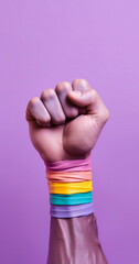 gay pride concen purple backgroundpt, promotion of love and tolerance. same-sex ,love ,malea man's muscular fist with sweatband in rainbow colors, hiv