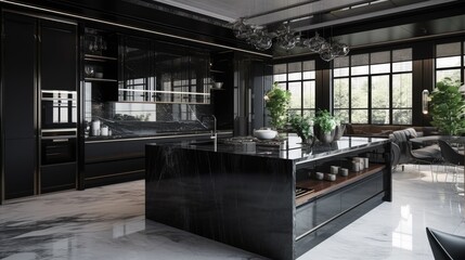 Fototapeta premium A modern kitchen. Sleek and minimalist cabinets with a high-gloss finish, a large island with a white marble countertop, and a set of designer appliances in stainless steel. Generative AI