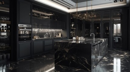 A modern kitchen. Sleek and minimalist cabinets with a high-gloss finish, a large island with a white marble countertop, and a set of designer appliances in stainless steel. Generative AI